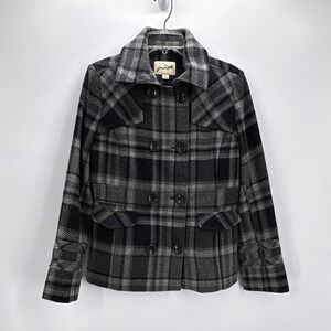 Grane Plaid Peacoat Grey Black Wool Blend Double Breasted Jacket Dark Academia L